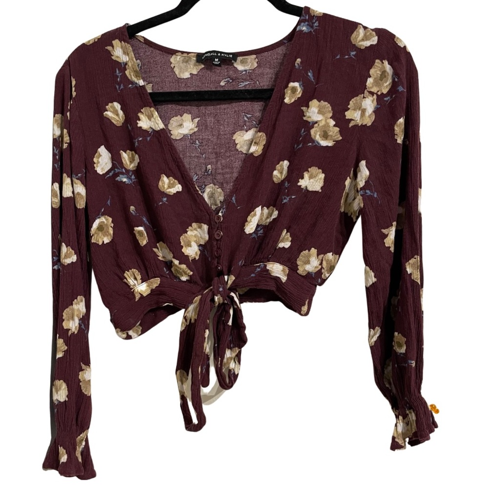 K&K Boho Maroon Floral Spring Tie Front Crop Top - Picture 2 of 8